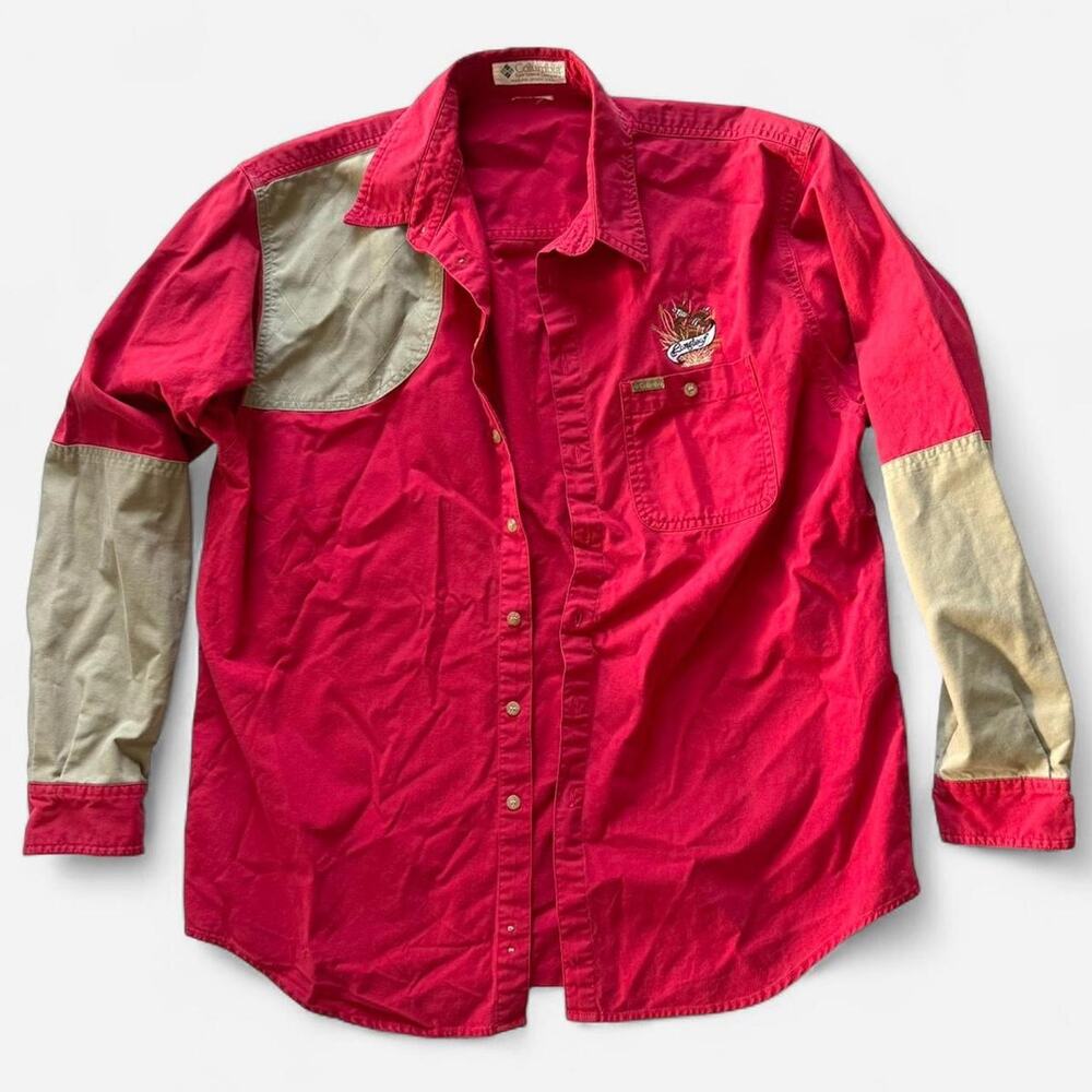 Columbia Sportswear Red and Tan Long-Sleeve Button-Up Shirt